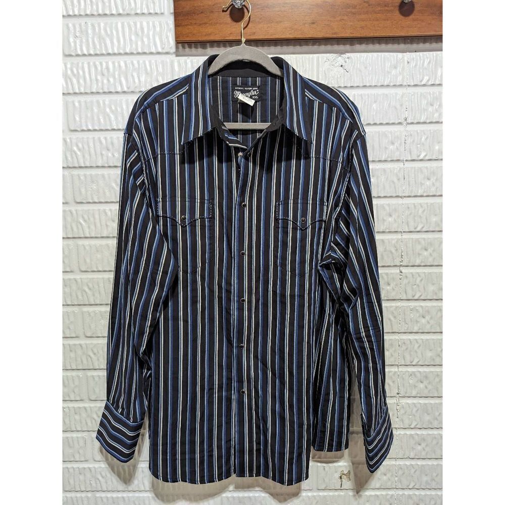 Wrangler Men's Blue Authentic Western Stripes Pearl Snap Button Up Shirt Sz XXL